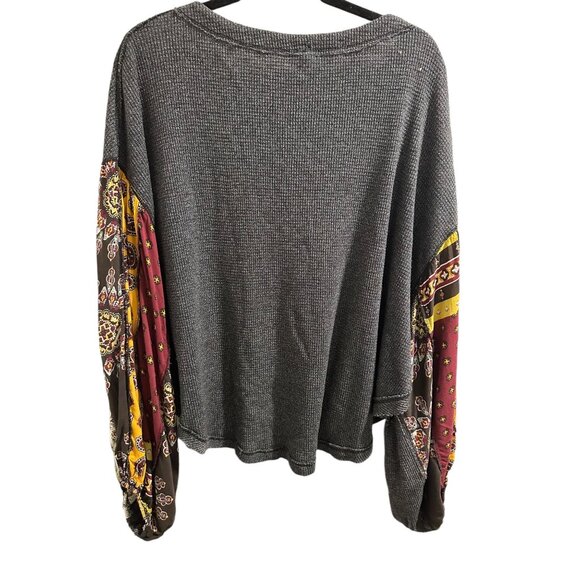 💰BOGO💰 Charcoal Gray Boho Bell Patchwork Long Sleeve Blouse sz L - Picture 6 of 8